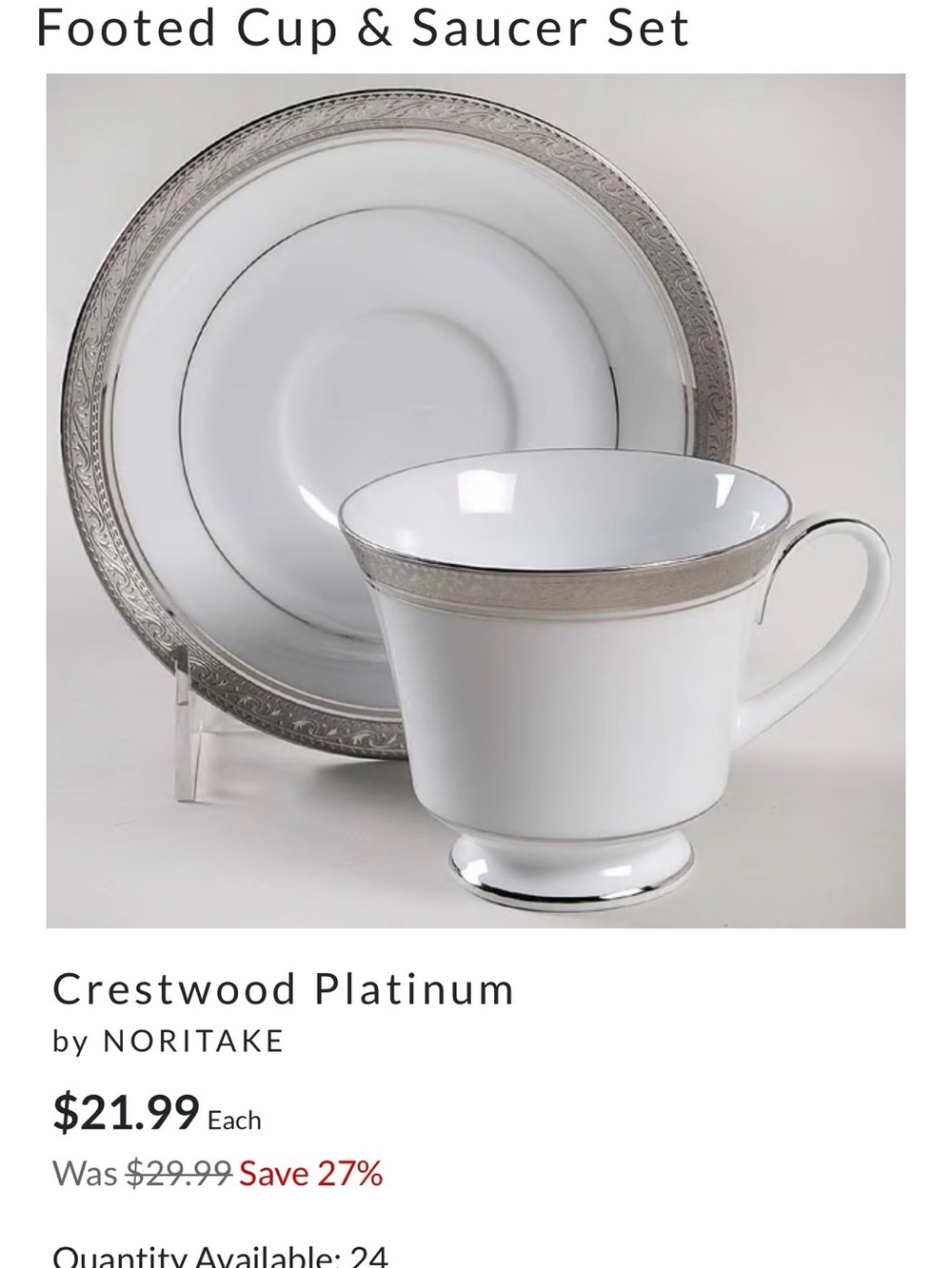 Noritake White Porcelain Footed Cup & Saucer with Platinum Trim